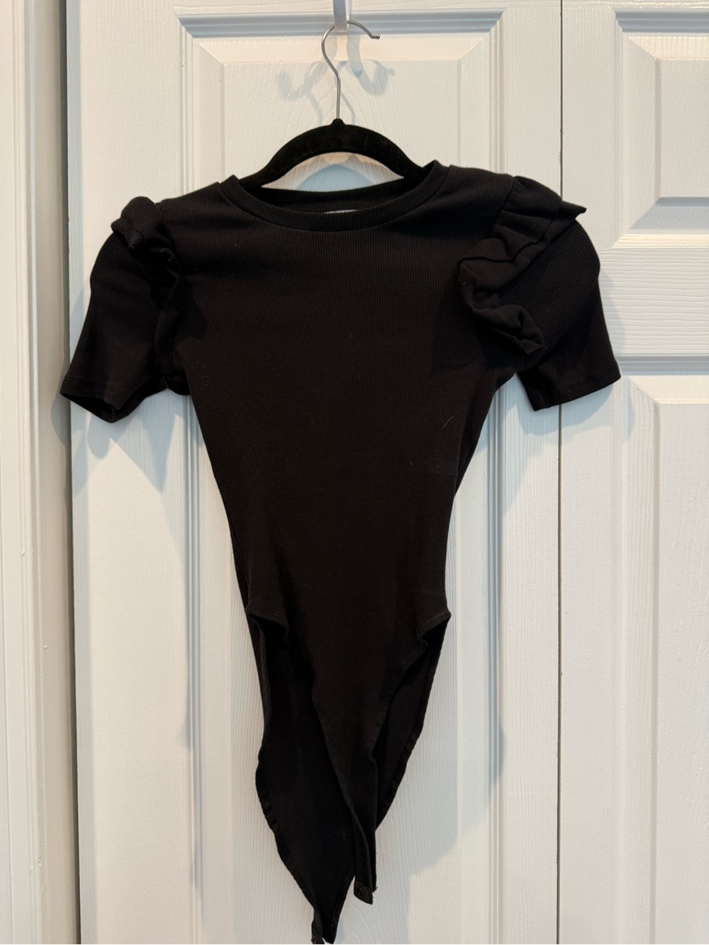 Black Ruffle Shoulder womens One-Piece Bodysuit